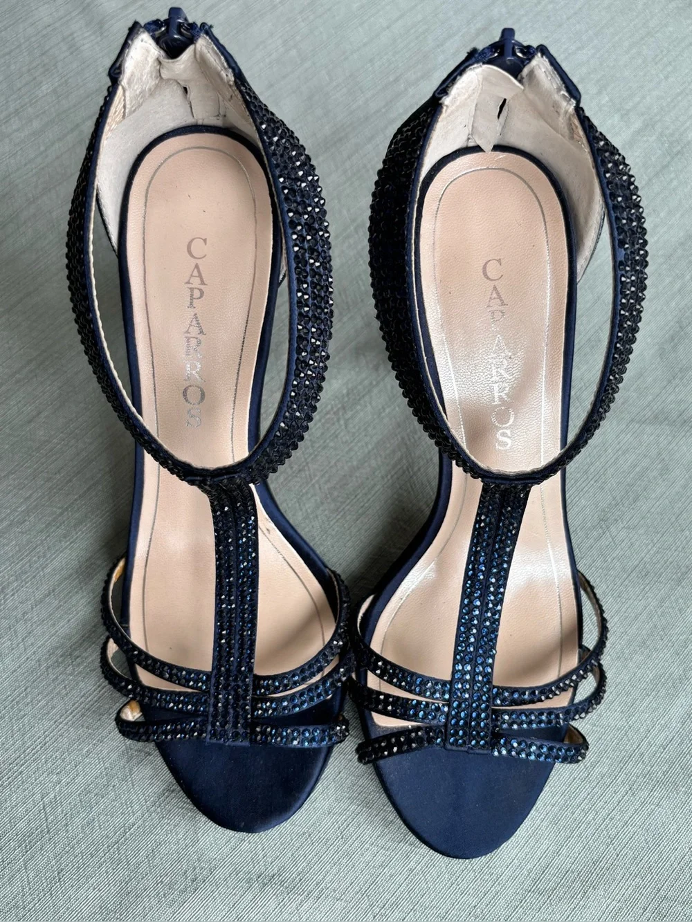 Caparros Navy Crystal T-Strap Evening Heels 8 Prom Wedding Guest